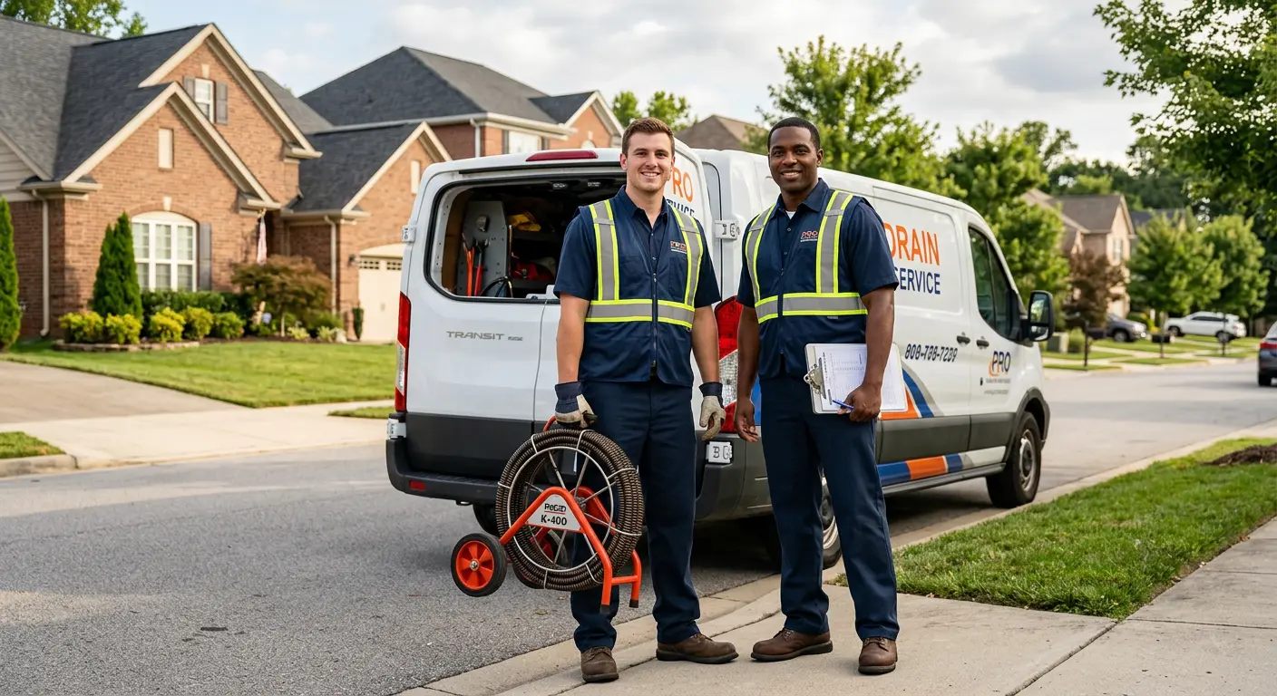 Sewer and drain service team with equipment ready for work in Pleasantville