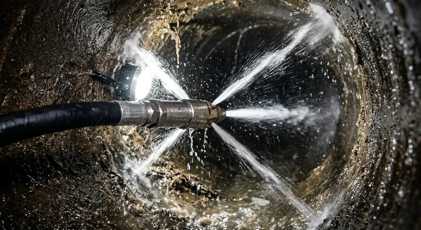 High-pressure hydro jetting nozzle cleaning sewer pipe for Storm Drain Cleaning in Pleasantville
