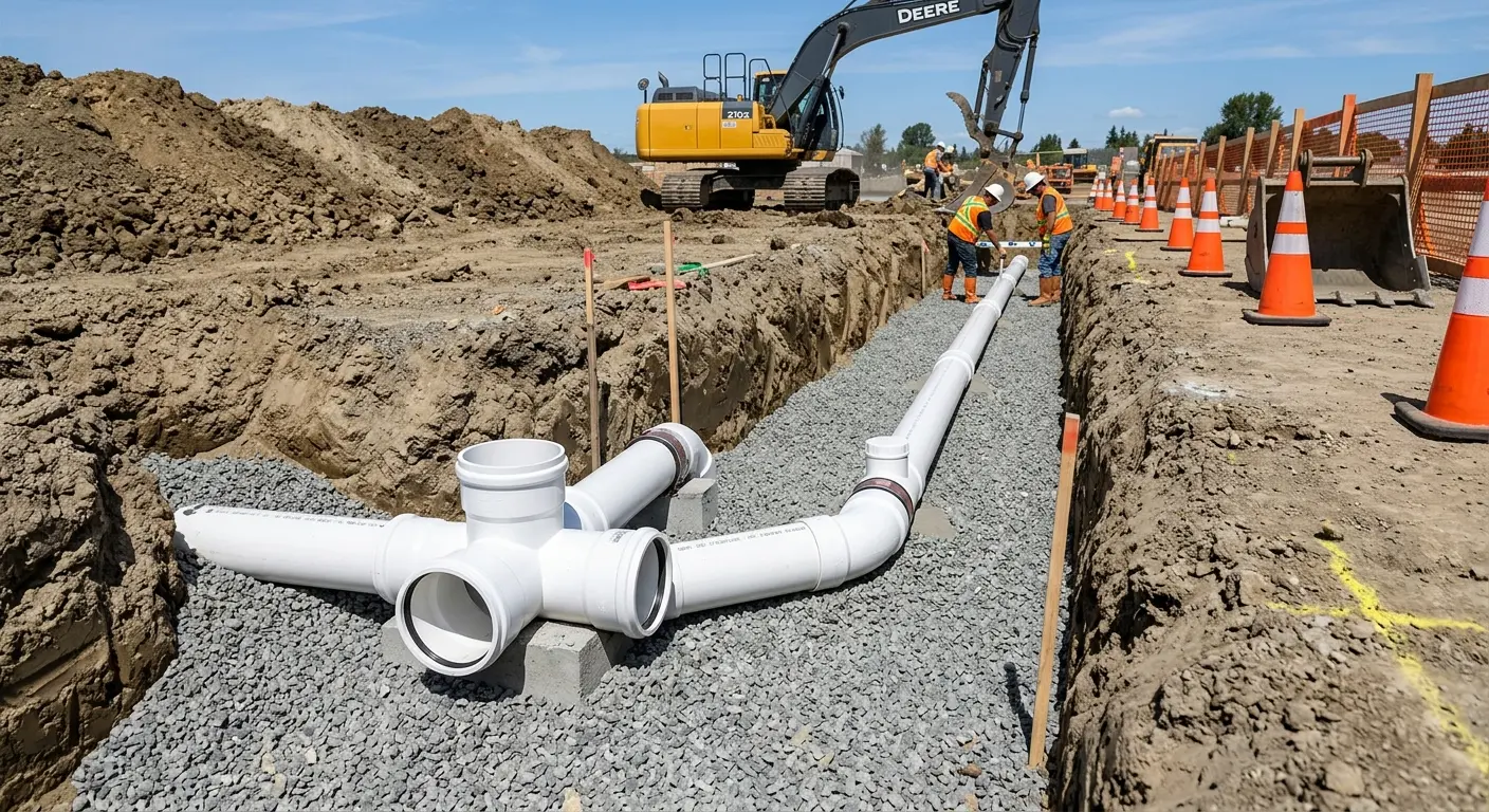 New PVC sewer pipe installation in open trench for Commercial Drain Cleaning in Pleasantville