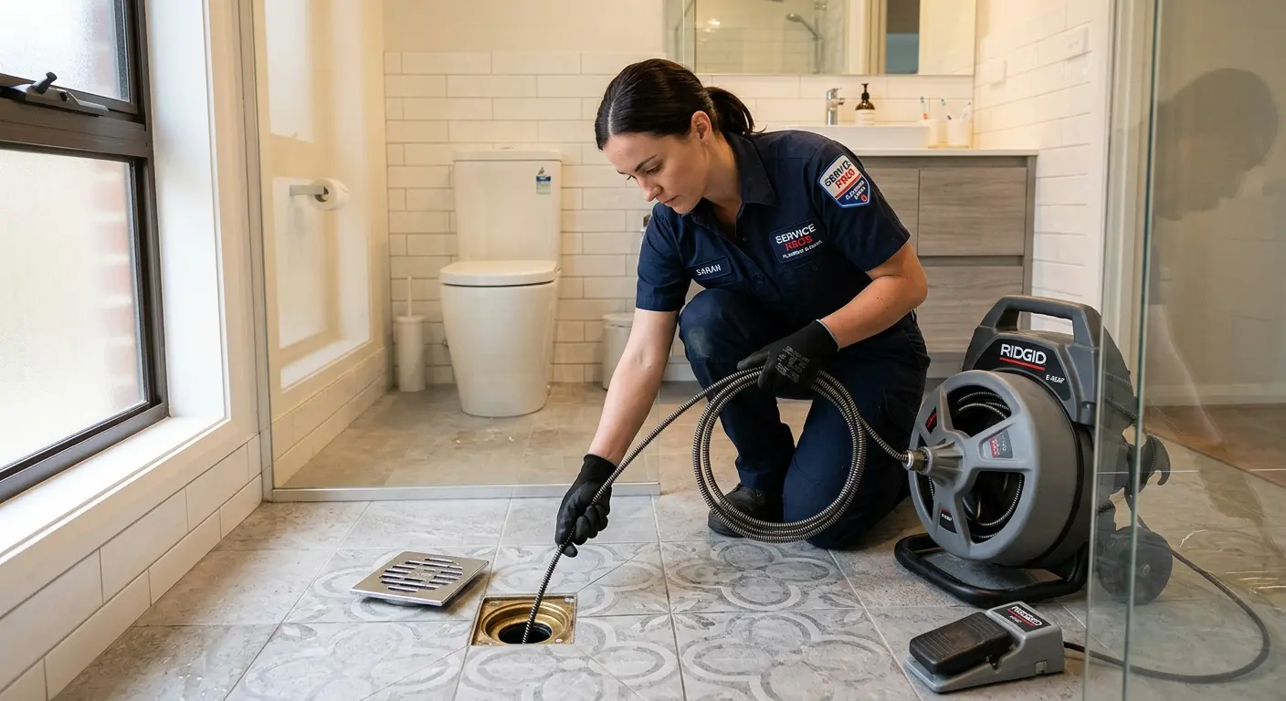 Technician clearing a bathroom floor drain for Sewer Line Replacement in Pleasantville